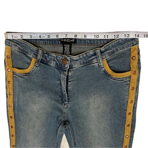 Bebe Flare Jeans with faux suede studded trim lines on the outer leg, Raw hem - Picture 4 of 11